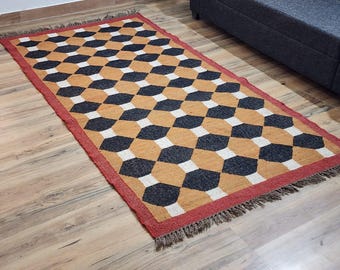 Wool Jute Kilim Rug Handwoven Dhurrie, Boho Area Rug, Geometric Indian Rug, Farmhouse Decor, Custom Size Rug, Living Room Carpet