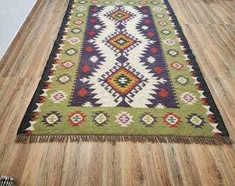 Handmade Green Kilim Rug, Wool Jute Blend, Turkish Oriental Design