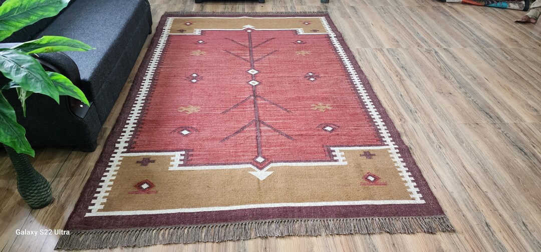Handmade Wool Jute Kilim Rug, Boho Tribal Flatweave Rug Eco Friendly ...