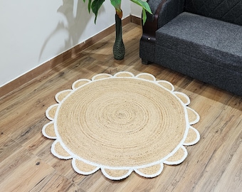 Handwoven Round Jute Rug: Scalloped Boho Area Rug