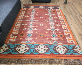 Kilim Wool Jute Rug Handwoven, Boho Dhurrie Rug, Vintage Style Rug, Indian Handmade Carpet, Living Room Area Rug