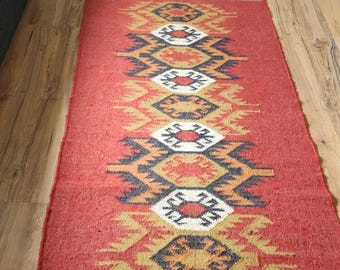 Handwoven Wool Kilim Runner Rug – Red Geometric Floral Design