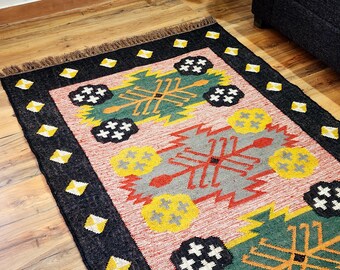 Bohemian Kilim Rug Handwoven Wool Jute, Flatweave Dhurrie Rug, Vintage Tribal Boho Carpet, Eco Friendly Natural Fiber Area Rug, Indian Rug