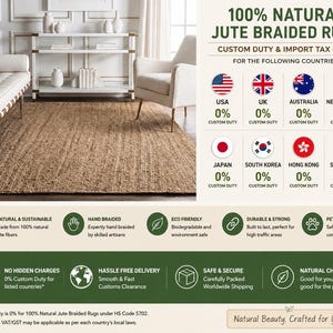 May include: A rectangular, tan-colored braided rug made from natural jute fibers. The image includes text stating 100% NATURAL JUTE BRAIDED RUGS, along with icons and labels detailing features like hand-braided construction, sustainability, and durability.