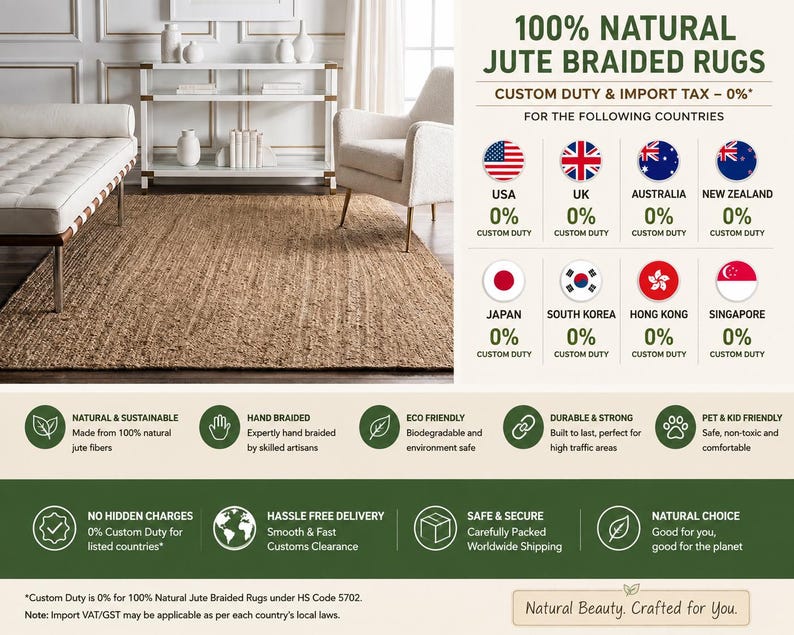 May include: A rectangular, tan-colored braided rug made from natural jute fibers. The image includes text stating 100% NATURAL JUTE BRAIDED RUGS, along with icons and labels detailing features like hand-braided construction, sustainability, and durability.