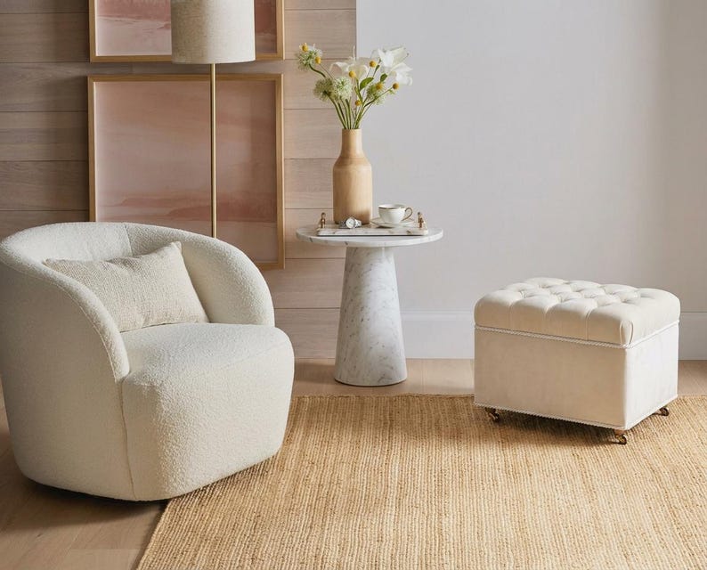 May include: A white boucl&eacute; swivel armchair with a matching lumbar pillow, a white marble pedestal side table, and a square cream-colored tufted ottoman with small wheels. The furniture is arranged on a natural fiber woven area rug.