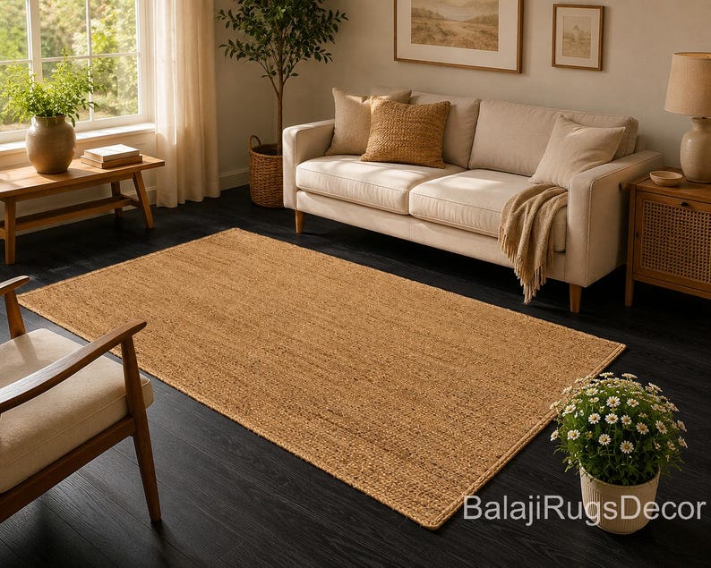 May include: A rectangular, woven jute rug in a warm tan color, displayed on a dark wood floor. The rug is placed in a living room setting, with a cream-colored sofa, wooden furniture, and natural light.