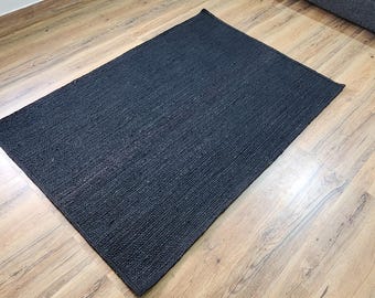 Handwoven Natural Black Jute Rug, Custom Size