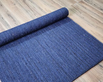 Handmade Natural Blue Jute Rug Jute Area Rug Custom Size Living Room Rug Warm Vintage Rug Rectangle Jute Carpet Braided Rug Boho Rug
