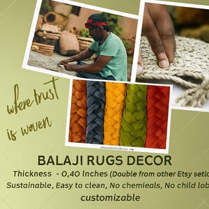 May include: The image showcases a collage featuring woven rugs and a craftsman at work. The text "where trust is woven" is visible. The product is labeled "BALAJI RUGS DECOR" with a thickness of 0.40 inches. The rugs are available in various colors.