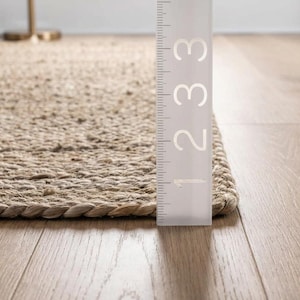 May include: A rectangular woven jute rug with a thick braided border edge. A white vertical ruler is placed against the rug, showing a thickness measurement of approximately 3 inches. The rug has a natural tan color and a textured surface.