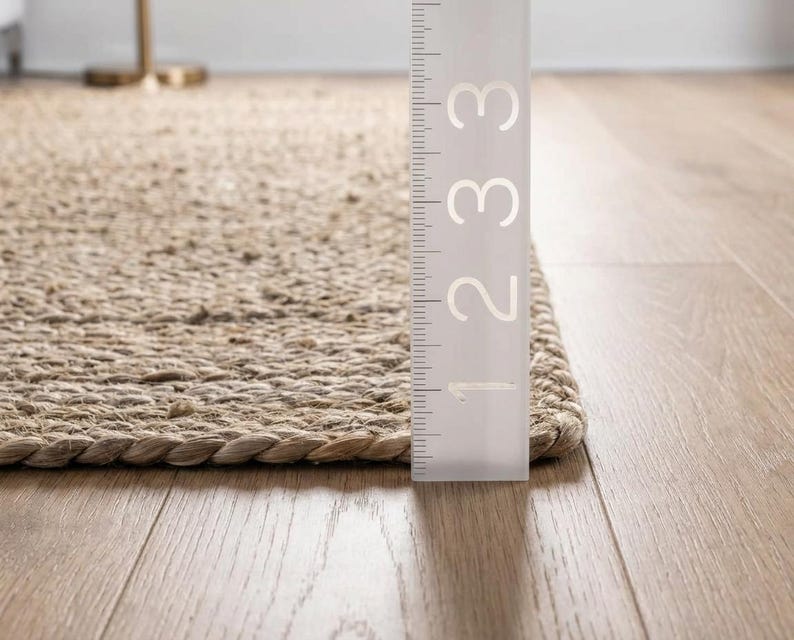 May include: A rectangular woven jute rug with a thick braided border edge. A white vertical ruler is placed against the rug, showing a thickness measurement of approximately 3 inches. The rug has a natural tan color and a textured surface.