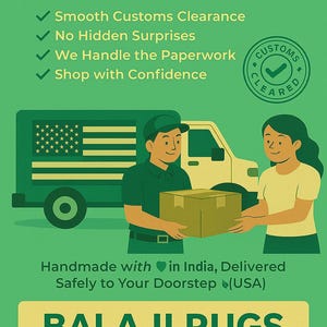 May include: Green graphic with text "HASSLE-FREE DELIVERY TO THE USA" and a delivery truck with the American flag. Two people are exchanging a package. The text "BALAJI RUGS DECOR" is at the bottom.