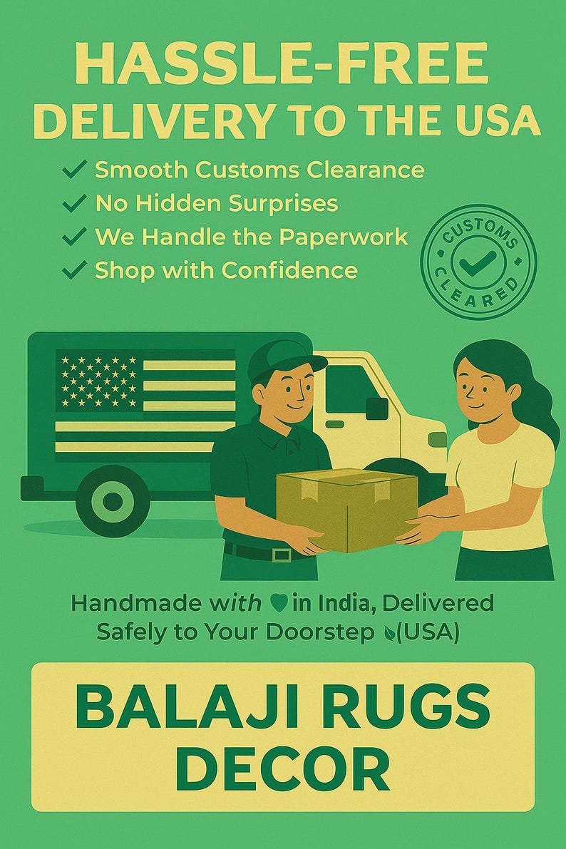 May include: Green graphic with text "HASSLE-FREE DELIVERY TO THE USA" and a delivery truck with the American flag. Two people are exchanging a package. The text "BALAJI RUGS DECOR" is at the bottom.