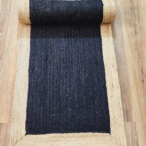 Jute Runner Rug, Bordered Black runner rug, Runner Rug, Custom Size Rug Indian Handmade Jute Area Rug  For Hallway Entry  Boho Decor Rug