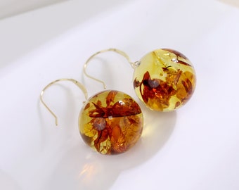 Amber Balls Earrings, Natural Cognac Piebald Amber, 925 Sterling Silver 18K Gold Plated, Classic Gift Idea