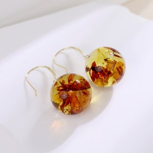 Amber Balls Earrings, Natural Cognac Piebald Amber, 925 Sterling Silver 18K Gold Plated, Classic Gift Idea