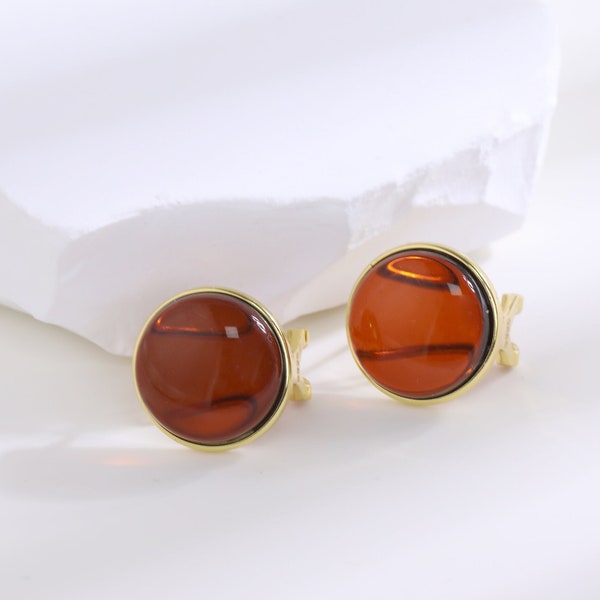 Red Amber Earrings, Natural Cherry Round Amber 925 Sterling Silver 18K Gold Plated, Beautiful Gift Idea