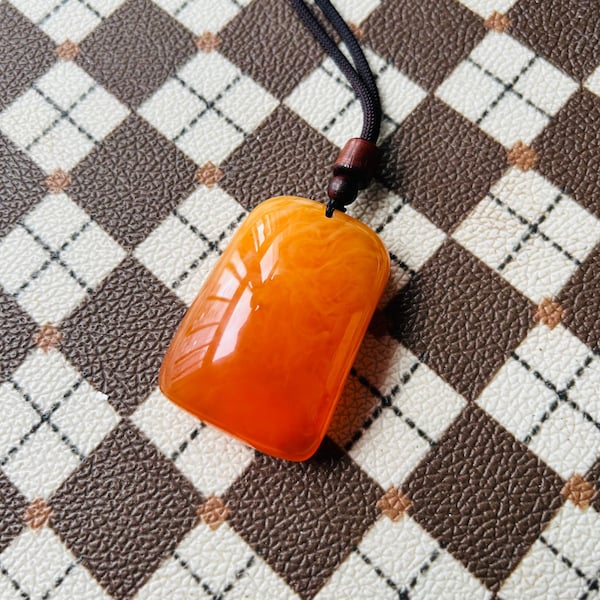 Honey Amber Necklace Pendant, Square Shape Red Baltic Amber, Unique Jewelry Gift for Her.