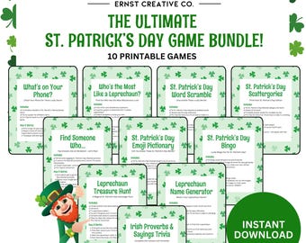 Paquete de juegos para fiestas del día de San Patricio, juegos imprimibles para fiestas del día de San Patricio, actividades para fiestas del día de San Patricio para niños, juegos para fiestas del día de San Patricio para adultos