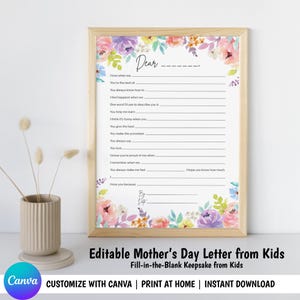 Carta personalizada para el Día de la Madre de niños / Plantilla de Canva / Carta editable para completar / Regalos imprimibles para ella de niños