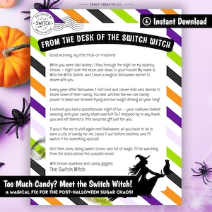 May include: A Halloween-themed printable featuring text from "The Switch Witch" with a witch silhouette, a black cat, and a pumpkin. The text reads "Too Much Candy? Meet the Switch Witch!" and "A Magical Fix for the Post-Halloween Sugar Chaos!"