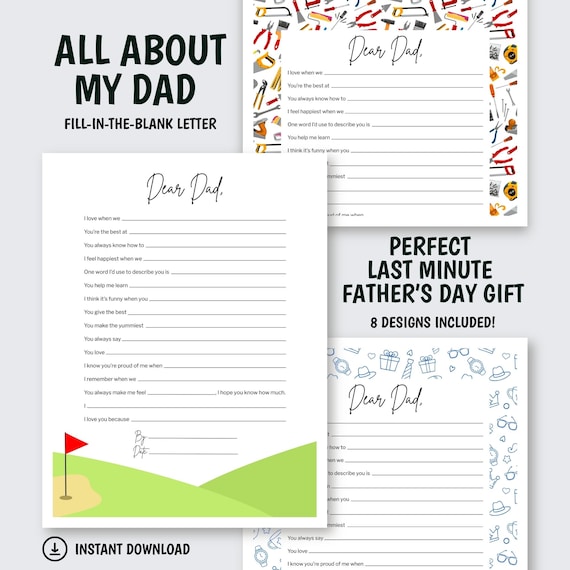 All About My Dad Printable Bundle | Gifts For Him | Father's Day Gift from Kids | Dad Questionnaire | Instant Download | Letter to Dad Card