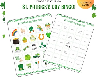 St Patricks Day Games | St. Patrick's Day Bingo | 40 Printable Bingo Cards | Classroom St Patty's Party Game | St Patricks Activity for Kids