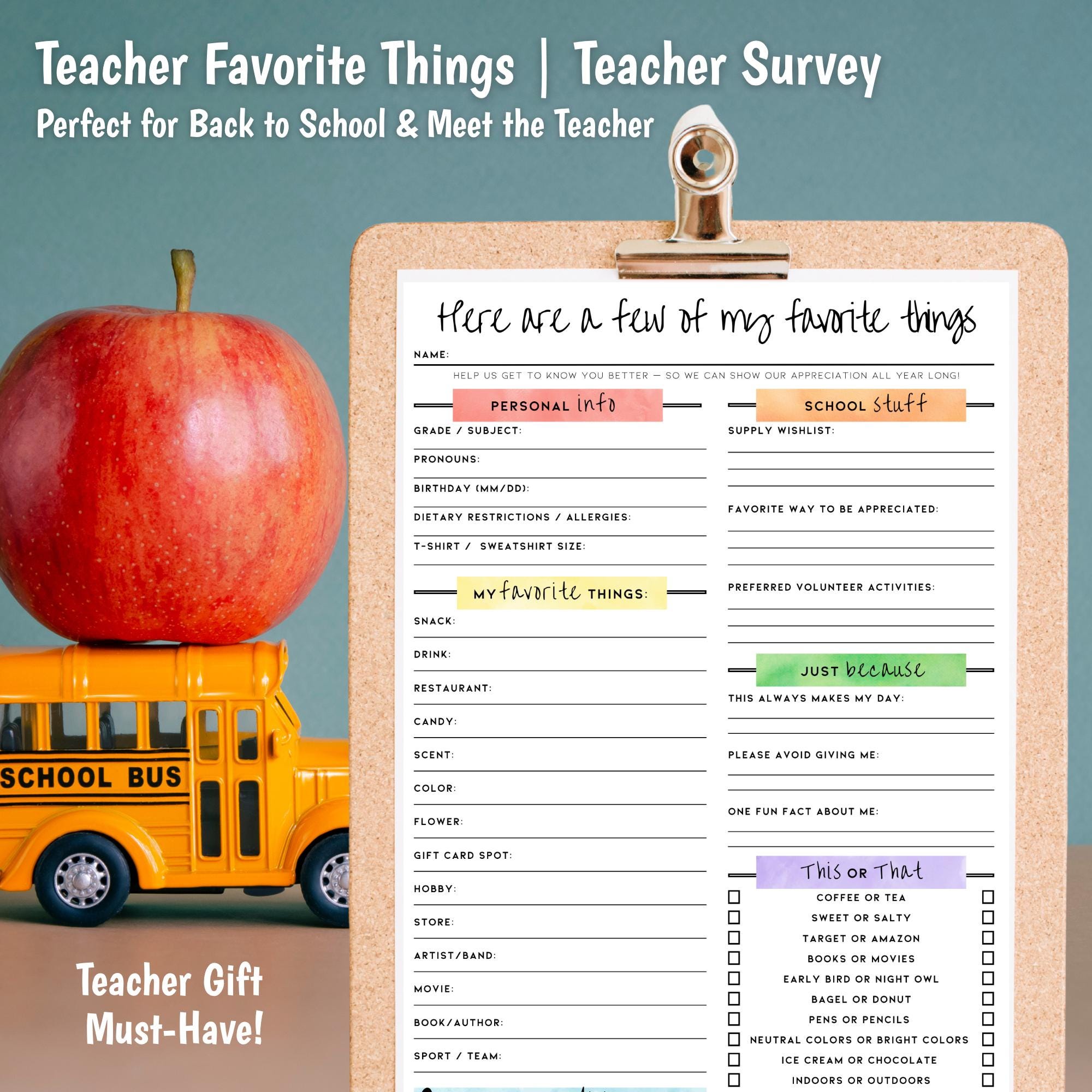 Teacher Favorite Things Questionnaire Printable | All About My Teacher Survey | Back to School Gift Idea | This or That PDF Download