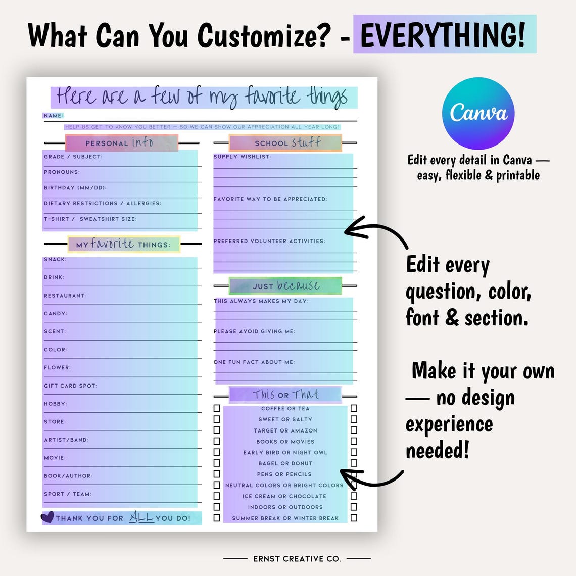 Editable Teacher Favorite Things Questionnaire Printable | All About My ...