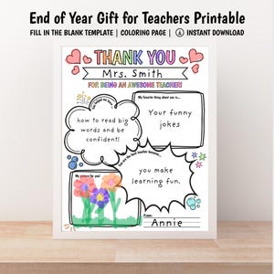 Regalo de agradecimiento para el maestro de parte de los estudiantes / Página para colorear imprimible de fin de año escolar / Descarga instantánea