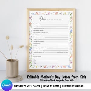 Carta personalizada para el Día de la Madre de niños / Plantilla de Canva / Carta editable para completar / Regalos imprimibles para ella de niños