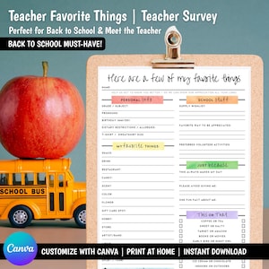 Editable Teacher Favorite Things Questionnaire Printable | All About My Teacher Survey | Back to School Gift Idea | PDF Download | Customize
