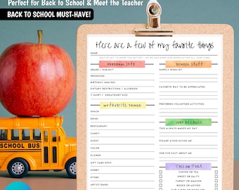 Editable Teacher Favorite Things Questionnaire Printable | All About My Teacher Survey | Back to School Gift Idea | PDF Download | Customize
