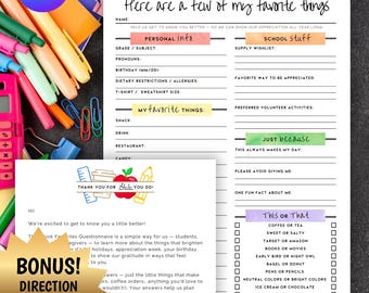 Teacher Favorite Things List Printable Bundle |  Editable  | PTO Gift Ideas | Back to School | PDF Download | All About My Teacher Survey