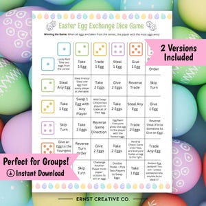 May include: A printable Easter egg exchange dice game with colorful illustrations of eggs. The game board includes instructions for how to play, such as "Take 1 Egg", "Trade 1 Egg", "Steal 1 Egg", and "Give 1 Egg". The game is perfect for groups and includes two versions.