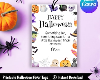 Halloween Favor Tags Printable, Trick or Treat Gift Tags, Editable Halloween Treat Tags, Something Fun Something Sweet, Class Party Favor