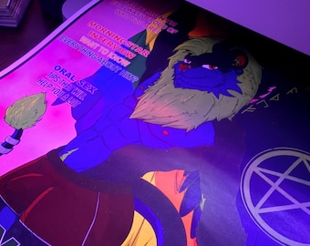 May include: A poster featuring a stylized blue lion-like character with a blonde mane, red eyes, and a tail with a tuft. The text includes 'MORNINGSTAR INTERVIEW', 'WANT TO KNOW EVERYTHING ABOUT HIM?', and 'ORAL SEX TIPS THAT WILL HELP YOU A LOT'. A pentagram symbol is visible.