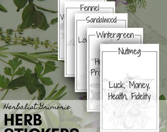 May include: A set of five black and white printable herb stickers with the names Angelica, Fennel, Sandalwood, Wintergreen, and Nutmeg. The text "Herbalist Grimorie" and "HERB STICKERS" is printed at the bottom of the image.