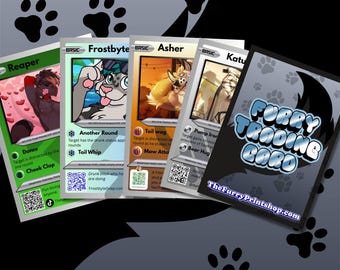 May include: A collection of five rectangular trading cards featuring anthropomorphic character illustrations, game stats, and text. The cards display names like Reaper, Frostbyte, Asher, and Katu, with a black card labeled Furry Trading Card.