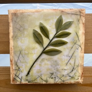 Original Encaustic Painting, Leaf Art, 5”x5”, abstract art, home decor