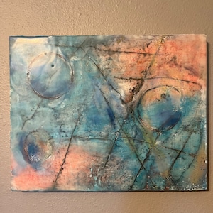 オリジナルエンカウスティック絵画、14”x11.5”、抽象芸術、室内装飾