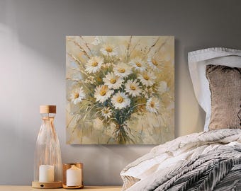 Strukturierter Impasto Gänseblümchen Blumenstrauß Leinwand Druck, Rustikale Wildblumen Bauernhaus Wandkunst