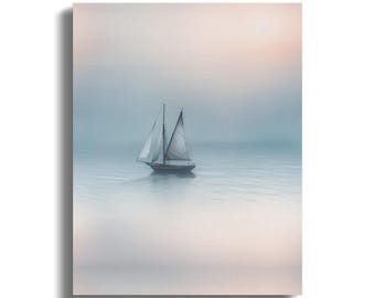 Serene Sailboat Print, Minimalist Seascape, Muted Hues, Coastal Decor