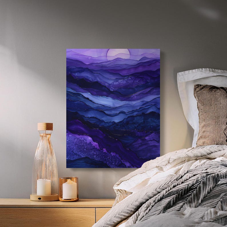 Abstract purple landscape artwork with textured layers and subtle gold flecks.