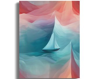 Abstract Sailboat Wall Art, Teal Pink Coastal Decor, Serene Ocean Painting"11x"14