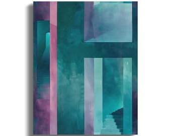 Escaleras geométricas abstractas, decoración de pared en tonos verde azulado y morado, lámina arquitectónica moderna (28 x 35,5 cm)