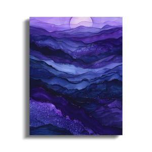 Abstract purple and blue landscape with golden accents and textured layers.