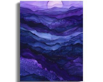 Arte mural con tinta de alcohol: Pintura de paisaje en índigo, azul y violeta.