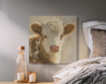Niedliches flauschiges Kalb Kuh Kunst | Highland Kuh Kinderzimmer Deko Leinwand | Bauernhaus Tier Poster Druck | Entzückender Baby Kuh Druck